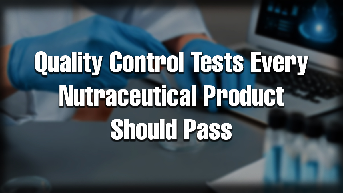 Scientist in blue gloves handling lab samples near a laptop and test tubes, symbolizing quality assurance in nutraceutical manufacturing.